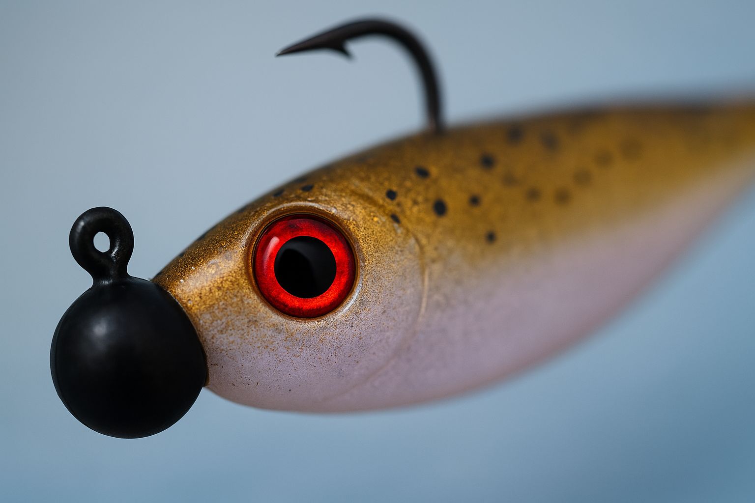 Close-up of a blue and silver Omnia fishing lure with treble hooks.